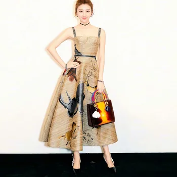 

Vintage Printing Cotton And Linen High Quality Europe And America Midi Dress Sling Wrapped Chest Sexy Summer Party Night Dress