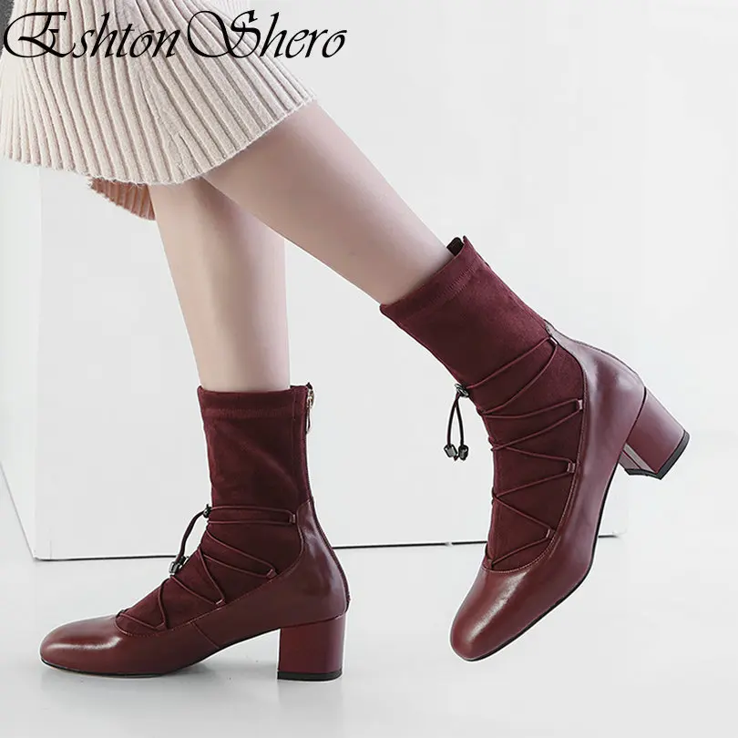 

EshtonShero Shoes Woman Mid Calf Boots Med Heel Pointed Toe Leather+PU Zipper Burgundy Women Ladies Sock Boots Size 3-9