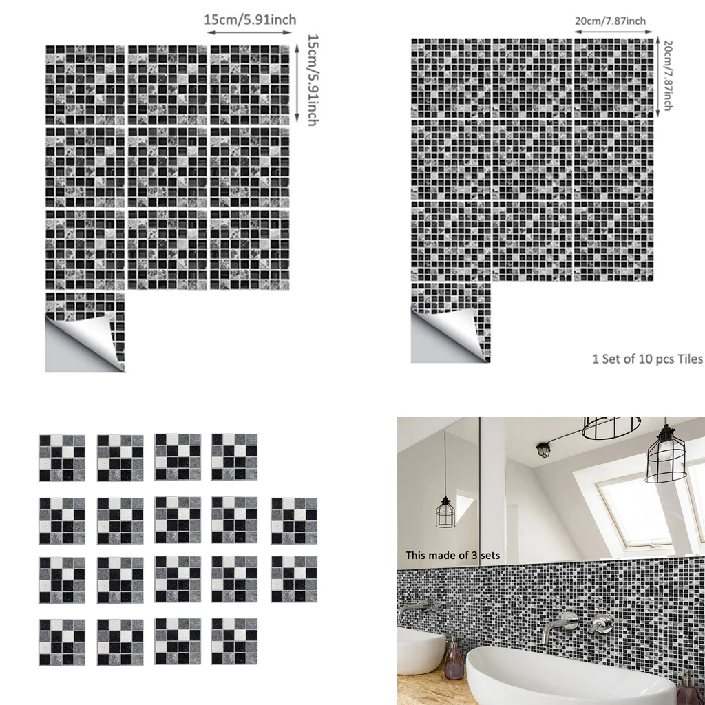 Black and White Mosaic Tile Stickers Self Adhesive Wall Sticker for Kitchen Bathroom Floor Wall Decoration