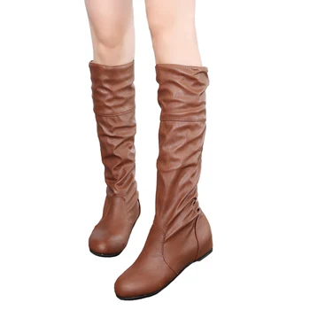 

Large Size Women Boots Winter Warm Ladies Leather Boots Solid Color Pleated High Boots Woman High Heel Shoes Botas Mujer