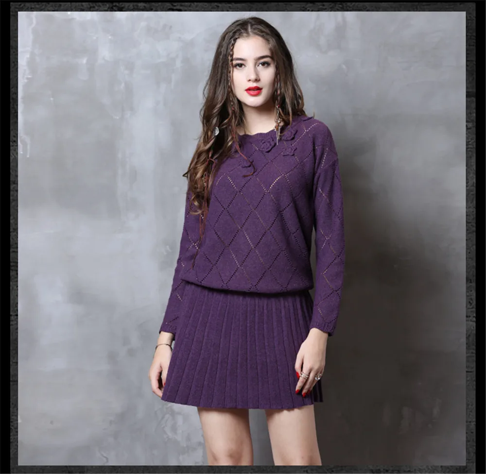 Vintage Winter Sweater Dress 2018 Cotton Wool Floral Knitting Dresses Female O-Neck Long Sleeve Pleated Sweater Dress Vestidos (23)
