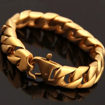 

Charming 316L Stainless Steel Gold Brushed 15mm Wide Cuban Curb Chain Biker Jewelry Men's Bracelet Bangle 8.26" Christmas Gift