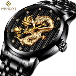 Relogio masculino натуральная WISHDOIT для мужчин s часы лучший бренд класса люкс Золотой Дракон Скульптура кварцевые часы для мужчин полный сталь