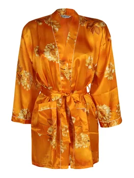 

Kimono robe silk blend with print flowers-Orange