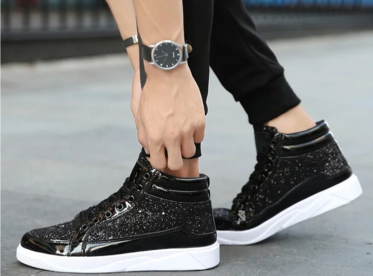 Brand Men Shoes 2018 Fashion Sequined Men Boots Bling Side Zipper High Top Shoes Man Casual Flat dancing street Hip hop Shoes (4)