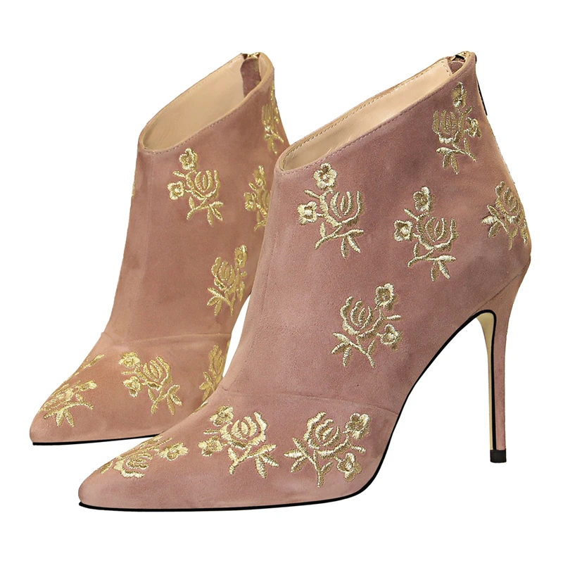 

Woman Shoes Fashion Embroider Flower High Heels Ankle Boots Zipper Pointed Toe Martin Boots Nightclub Sexy Booties DS-B0301