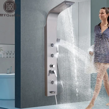 

Luxury Shower Faucet Column Brushed Nickel Waterfall Shower Panel Waterfall Rainfall Shower Head Body Massage Jet Swivel Spout