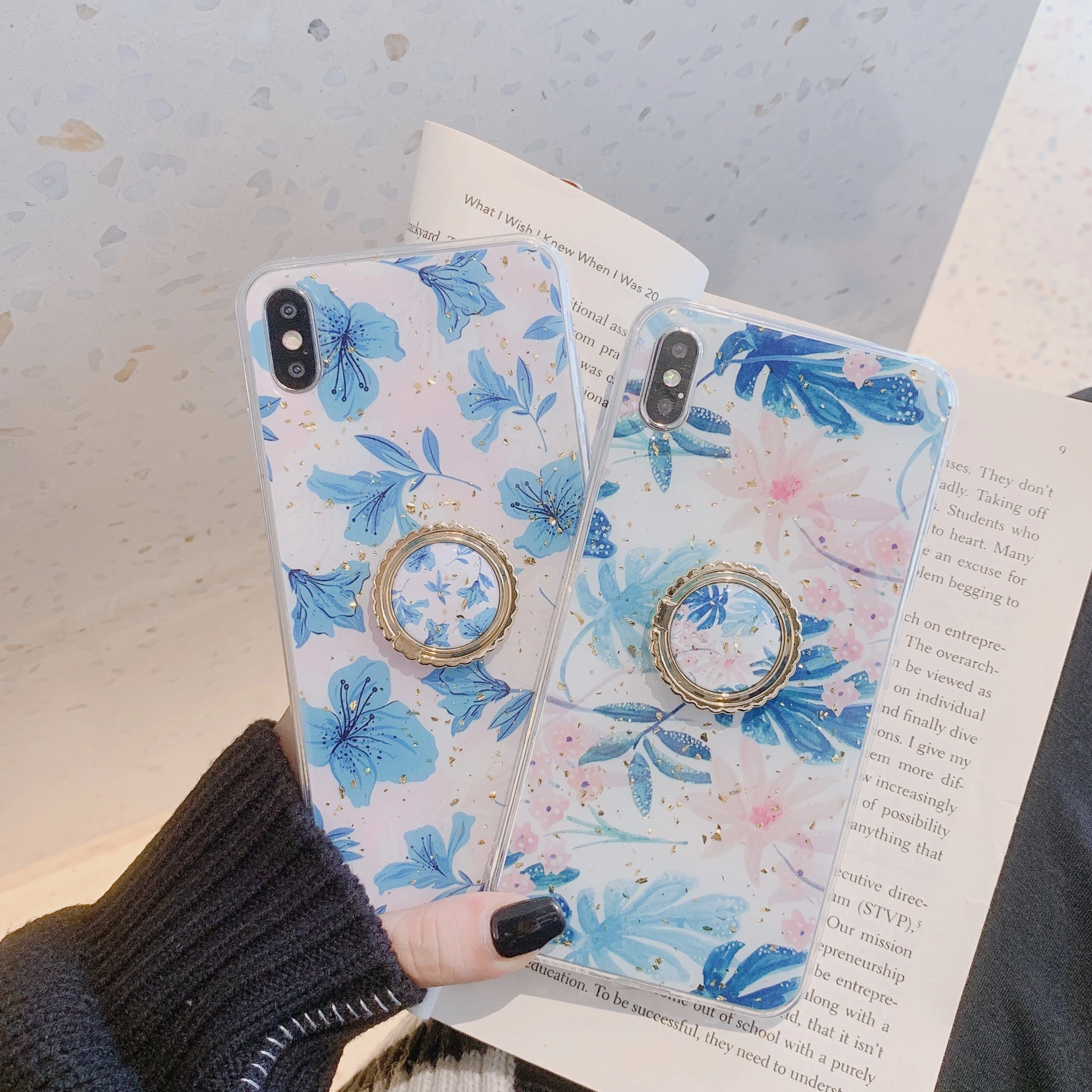 

Fashion Gold Foil Glitter Epoxy Case For iPhone 6s 6 7 8 Plus X XR XS Max Case Summer Leaf Print Bling Holder Ring Back Covers