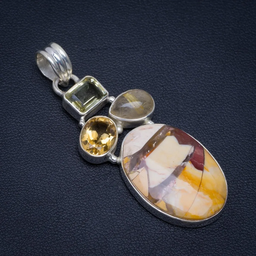 Brecciated Mookaite цитрин Rutilated кварц и зеленый аметист 925 Серебряный кулон 2 1/4 &quotN423 |