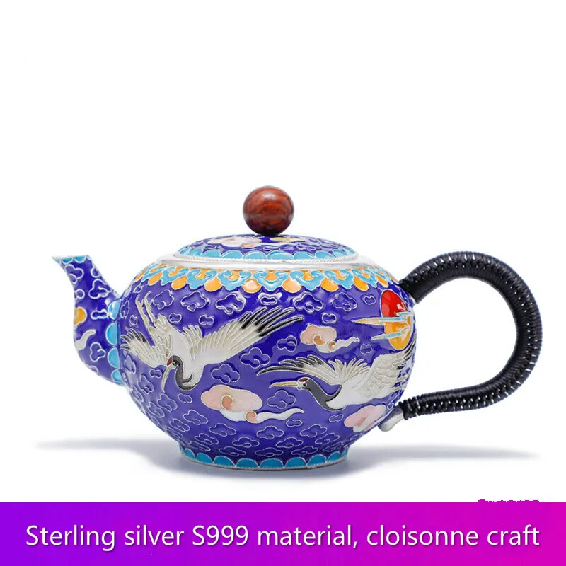 

Cloisonne Pine Crane Yannian Silver Teaware 999 Suit Of Handmade Silver Enamel Color Teapot Silver Cup Kung fu Tea set