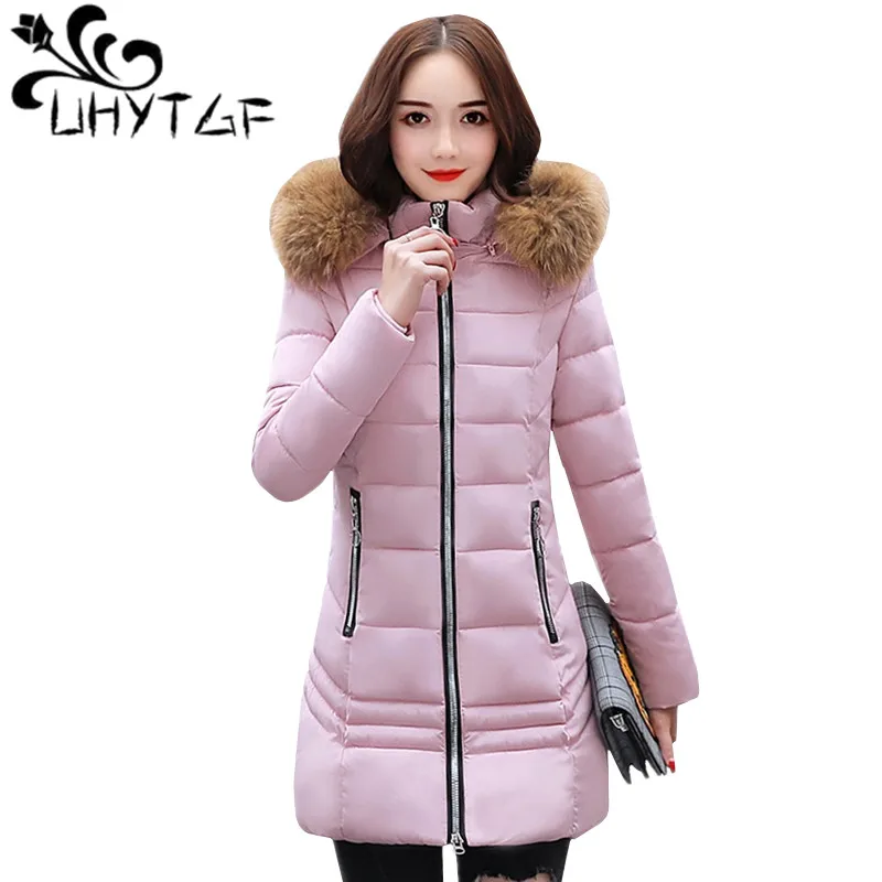 

UHYTGF Winter Coats Women Parkas Long Cotton Casual Fur collar Hooded Jackets Ladies Warm Female Overcoat Women Down Jacket 157