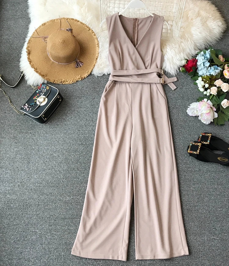 Sleeveless V-neck High Waist Sashes Wide Leg Jumpsuit