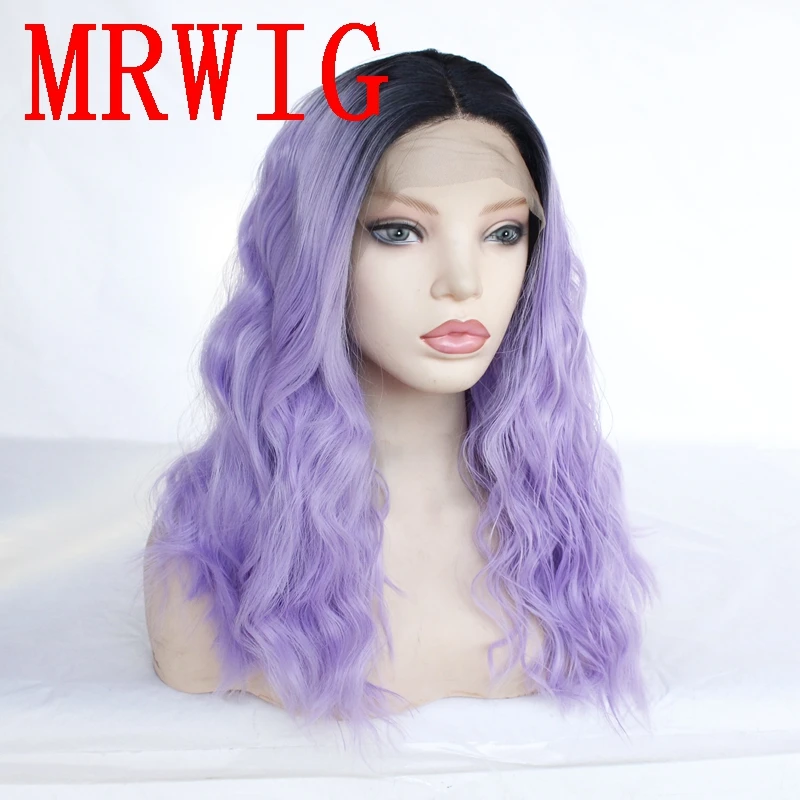 MRWIG Short Dark Roots Short Curly Ombre Purple 16in 320gG Middle Part Synthetic Lace Front Wig for Woman