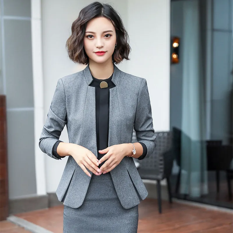 

2019 Formal Elegant Women's Summer formall skirt and jacket blazer skirt suit set office lady professional wear uniforms Gray