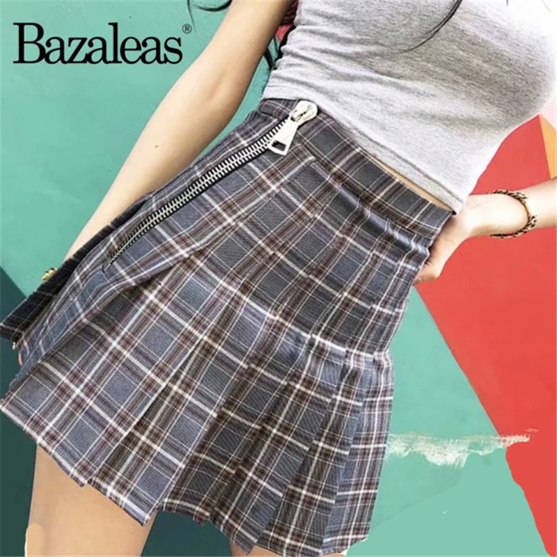 Bazaleas модные сбоку на молнии, с завышенной талией юбки Для женщин s плед плиссированные юбки Harajuku Шотландка серый Для женщин Мини Skir Перевозка груза падения