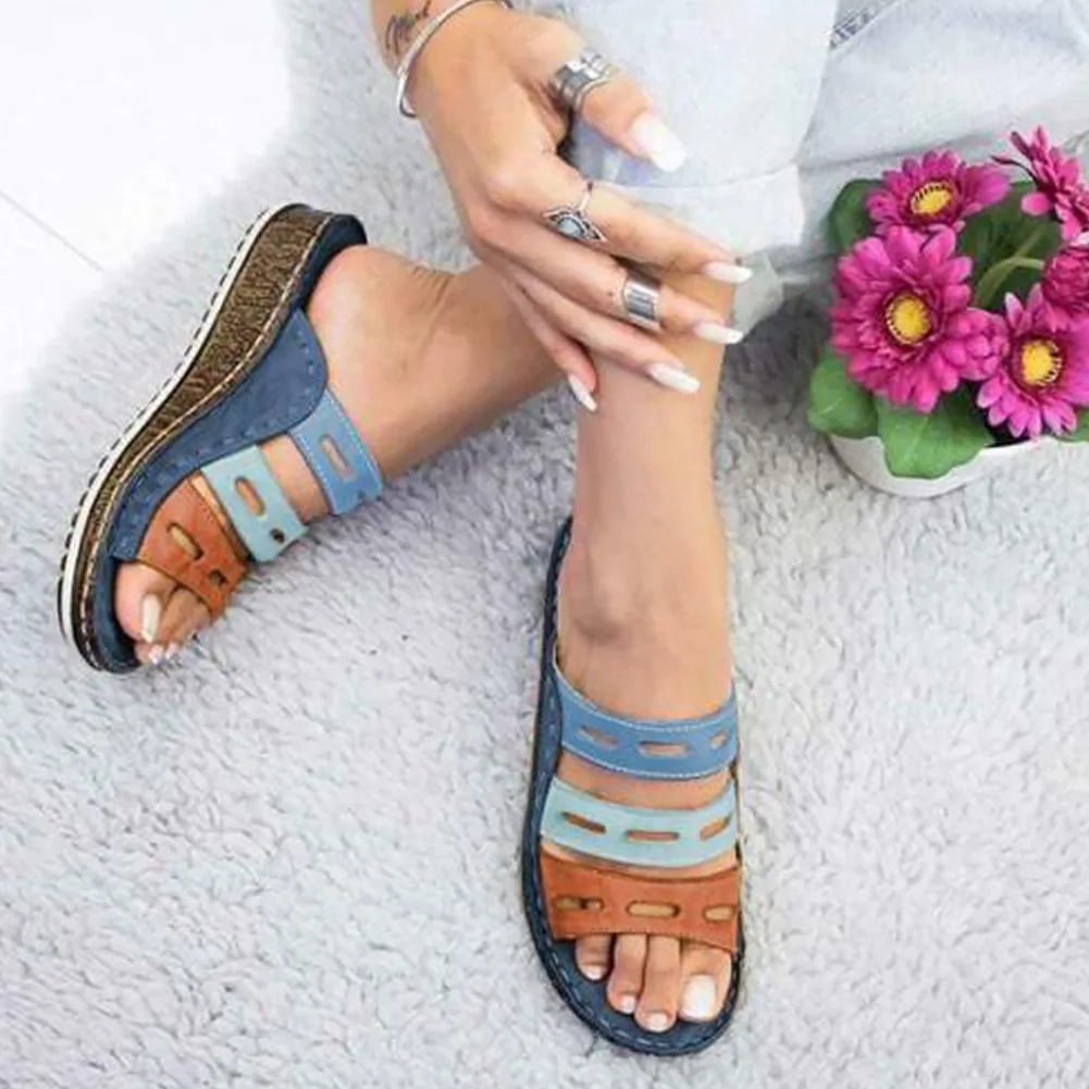 

Casual Open Toe Slip-on Summer Slide Shoes Leisure Three Color Stitching Beach Wedges Platform Women Sandals Slippers Chic