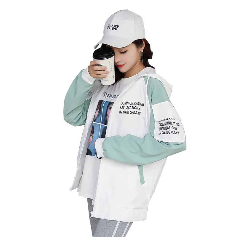 

Trench coat Womens 2019 Spring Autumn Hoodies Printing Wide-waisted Students Baseball Clothes Medium Length Windbreaker Coats