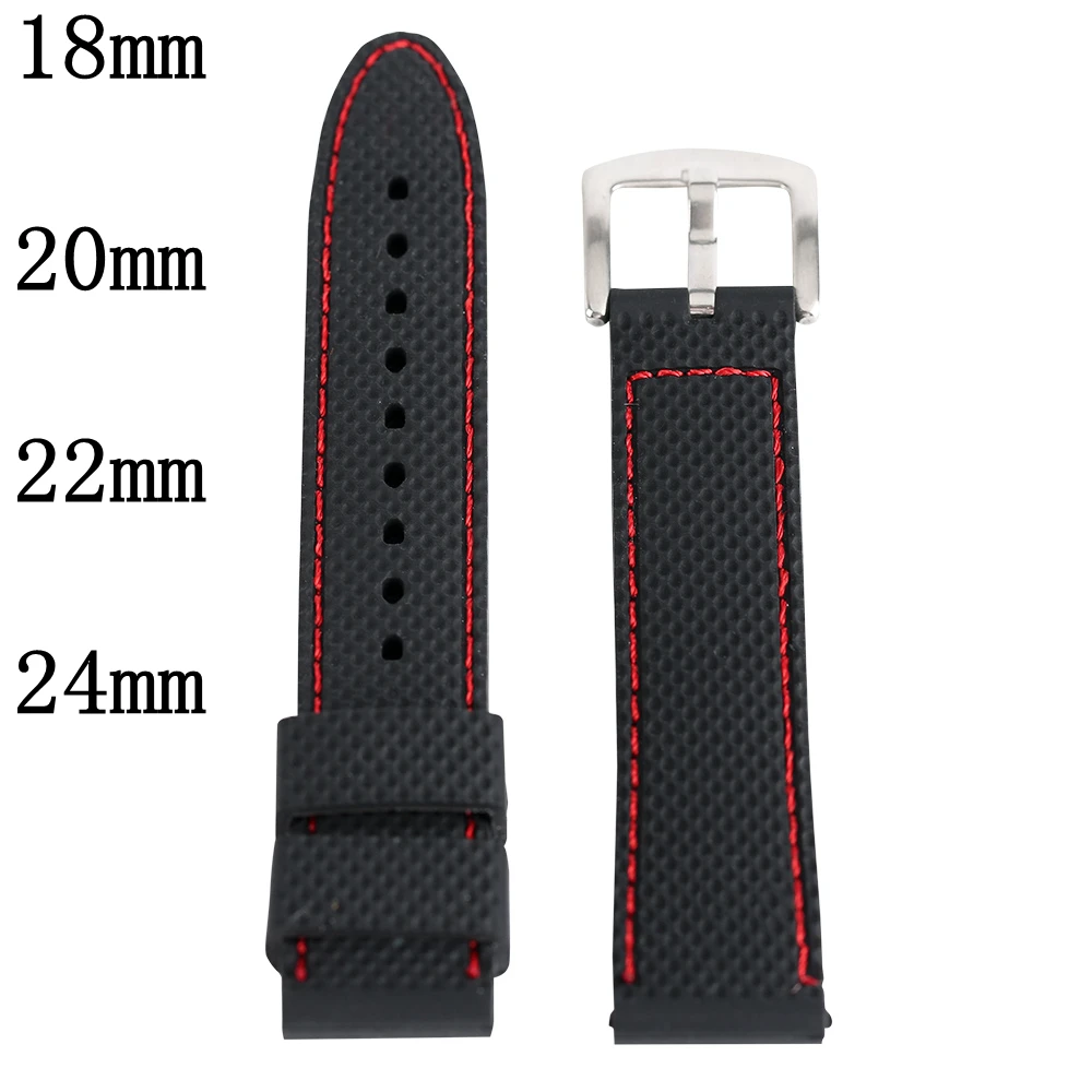 

Silicone Sport Watch Band 18 20 22 24mm Black Red Stitch Waterproof Watch Strap Silver Steel Buckle Relojes Hombre 2017