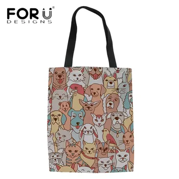 

FORUDESIGNS Cartoon Animal Cat Dog Print Cute Handbags Fashion Women Linen Tote Bags Folding Reusable Travel Shopping Bag Bolsa