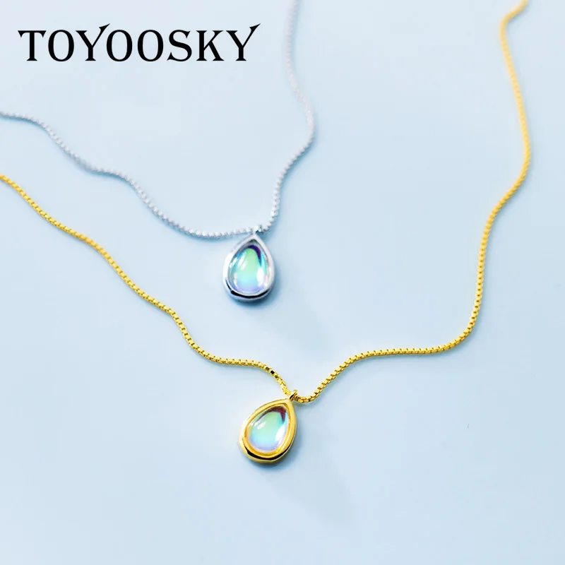 

TOYOOSKY 925 Silver Water Drop Necklace Female Simple Synthetic Glass Sweet Cute Gradient Clavicle Chain Jewelry