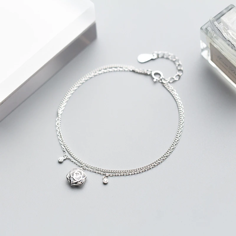 

Romantic Real 925 Sterling Silver Hollow Rose Flower Crystal Double Layer Bracelet Fine Jewelry For Women Wedding party Y001