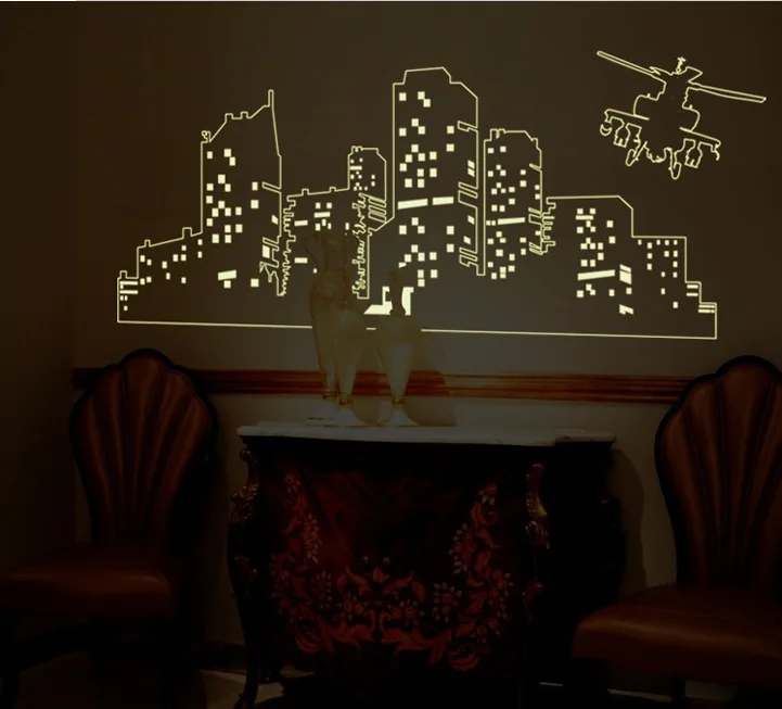 Большие флуоресцентные светящиеся виниловые настенные наклейки город ночного неба настенные наклейки для детской комнаты или гостиной светится в темноте