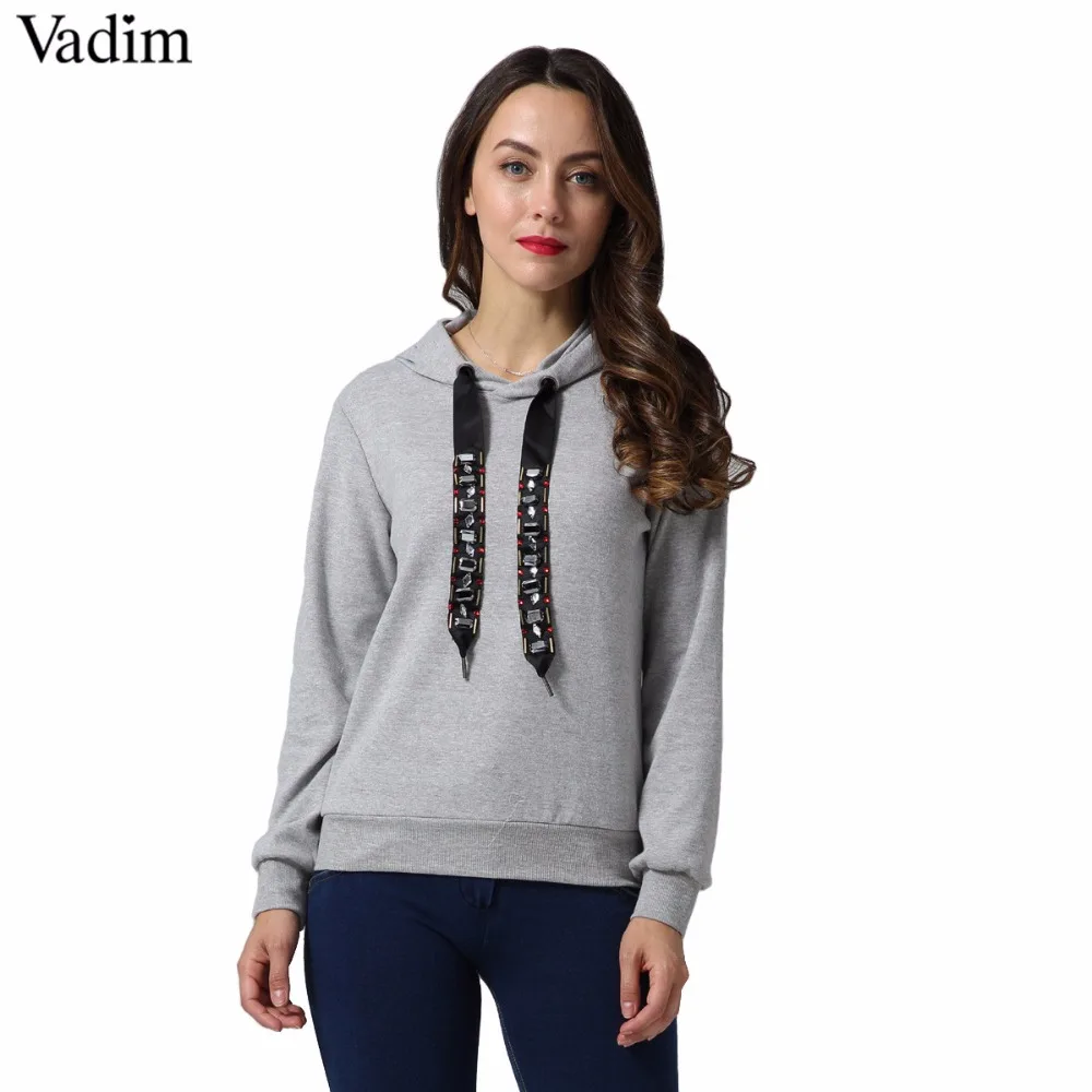 Vadim Женский Повседневный короткий свитер с капюшоном, бриллиантовый галстук, длинный рукав, черный серый пуловер, женские осенние Топы, sudaderas SW1229