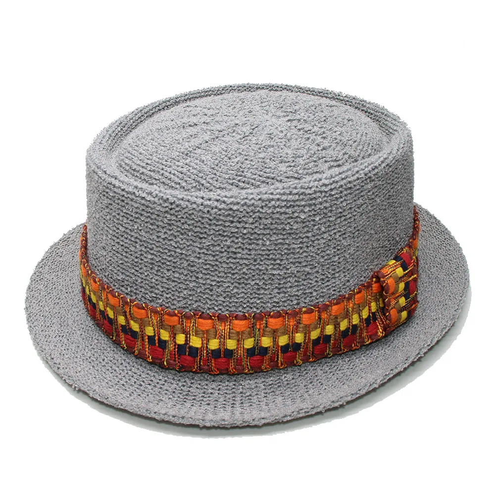 

LUCKYLIANJI Summer Retro Women Men's Polyester Dome Flat Pork Pie Cap Sun Beach Jazz Pork-pie Hat Vintage Braided Band (56-58cm)