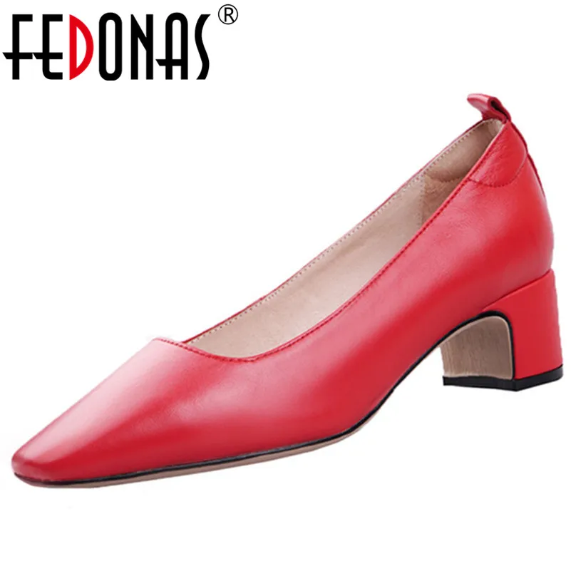 

FEDONAS Top Quality Sheepskin Square Toe Square Heels Women Pumps Slip on Elegant Spring Autumn Shoes Office Lady Shoes Woman
