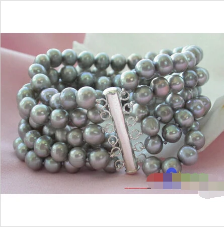 

6ROW 8MM GRAY ROUND FRESHWATER CULTURED PEARL BRACELET @^Noble style Natural Fine jewe SHIPPING new >>free shipping