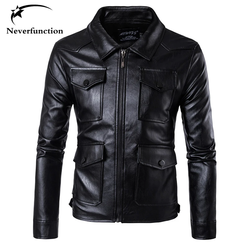 

Multi pocket men autumn Motorcycle Faux Leather Jackets Casual Slim Biker men High quality Stitching bomber jackets Waterproof