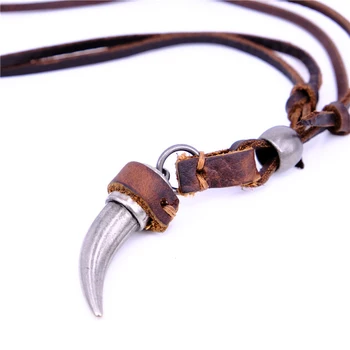 

NIUYITID Horn Pendant Necklace Men Brown Genuine Leather Necklace Jewellery Manmade Ethnic Charm Accessories Drop Shipping