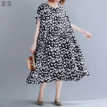 

4XL 5XL 6XL Cotton Maxi Dress For Women Plus Size Batwing Linen Long Dress Vintage Robe Femme Loose Big Polka Dot Dresses 2019