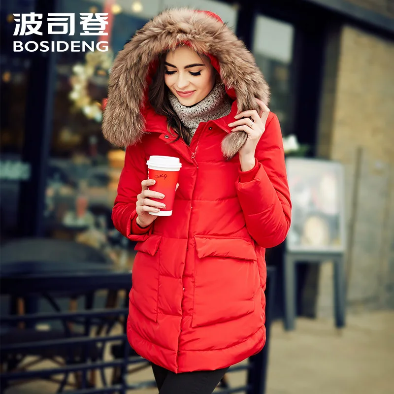 BOSIDENG women winter jacket thick down coat medium-long down coat real fur collar hooded big pocket convex warm coat B1501176