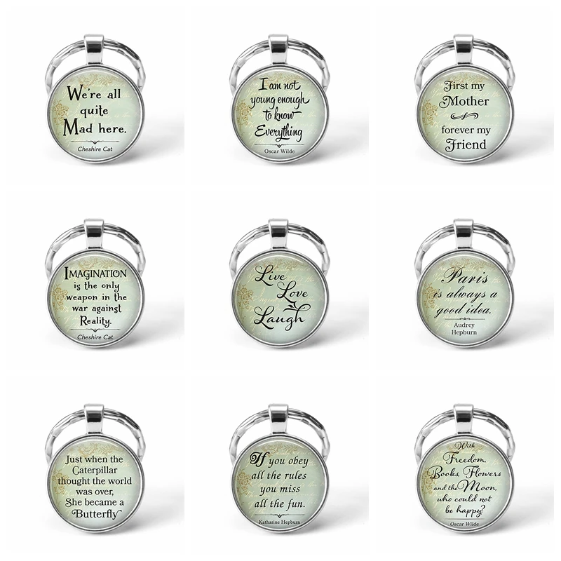 

2019 Fashion Jewelry Alice In Wonderland Key Chains Cheshire Cat Funny Quote Jewelry Glass Cabochon Keychain Gift for Friends