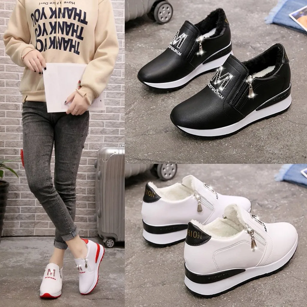 

2019 Women's Sneakers Fashion Increase Warm Letter Crystal Wedges Zip Loafers Sport Walking Shoes Breathable Tenis Feminino
