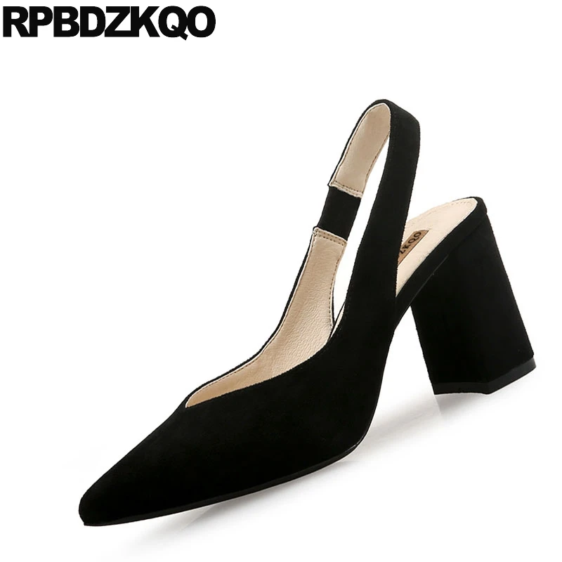 высокие каблуки Короткая Slingback мода Работа насосы Размер 4 34 Синяя женская обувь