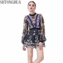 SHTONGHUA высококачественный пользовательский Автопортрет костюмы женские Лето подиумная сетка вышивка комбинезон с воланом