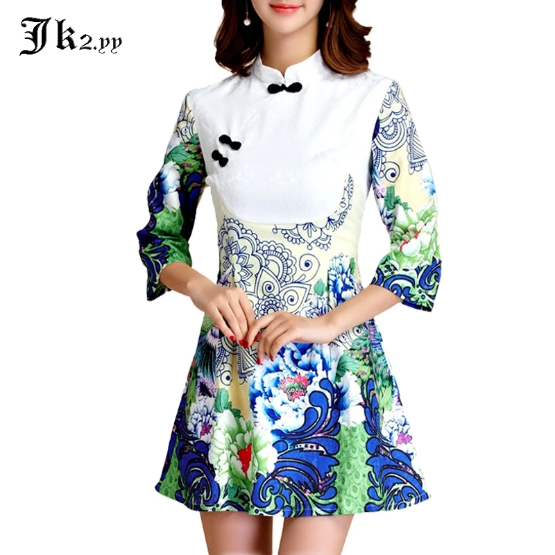 M-XXXL Chinese Style Floral Print Cheongsam Dresses Spring Autumn Half Sleeve A-line Big Size Women Dress Stand Collar 9955 | Женская