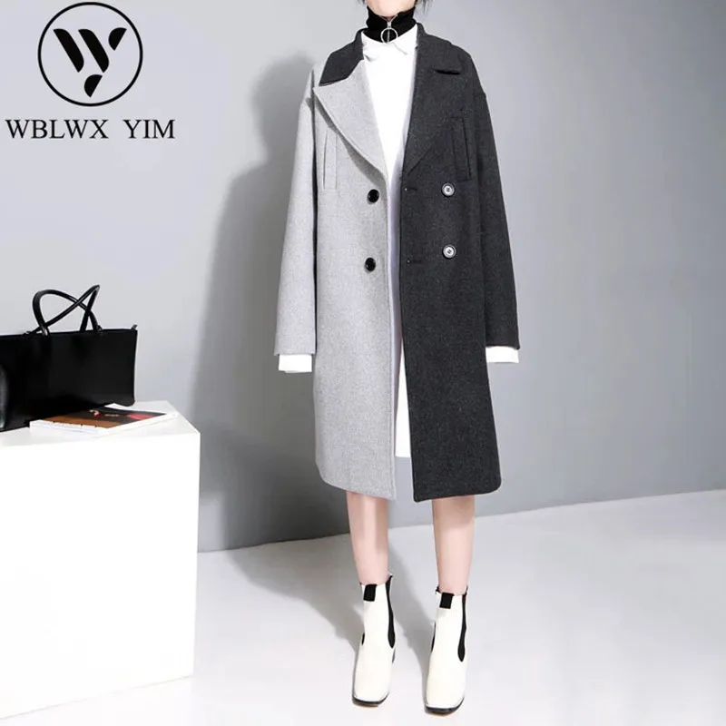 

Spring Autumn Fashion Women Wool blend coats Double Breasted splice Long coat Elegant Slim Woolen coat womens Korean Outerwear