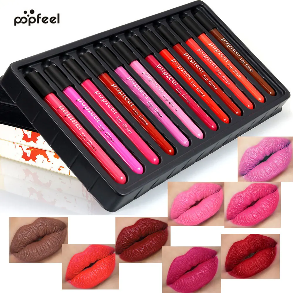 

POPFEEL 12 Pcs/Set Popfeel Cosmetics Lip Kit Maquiagem Matte Lip Gloss Matt Lipstick Liquid Make up Lips Makeup Lip Pencil Batom