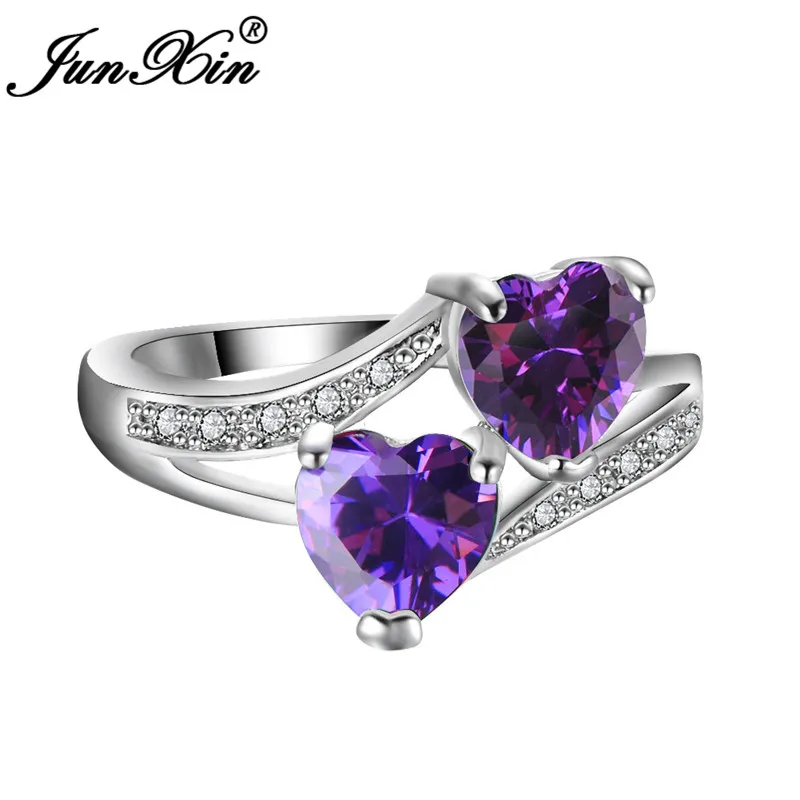 JUNXIN Rainbow Stone Double Heart Rings For Women 925 Sterling Silver Filled aaa Zircon Royal Blue/Purple Birthstone Ring Female