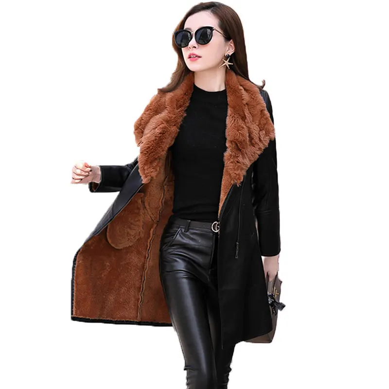 

Rex rabbit hair Fur collar Faux Leather Coat Women 2019 Winter Warm Jacket Women PU Leather Coat Female Overcoat Plus Size 541