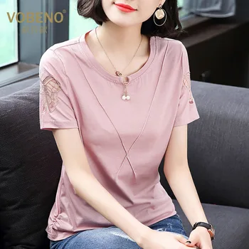 

Cotton T-shirt Short Sleeve Summer 2020 New Embroidered Half Sleeve T-shirt Large Loose Top