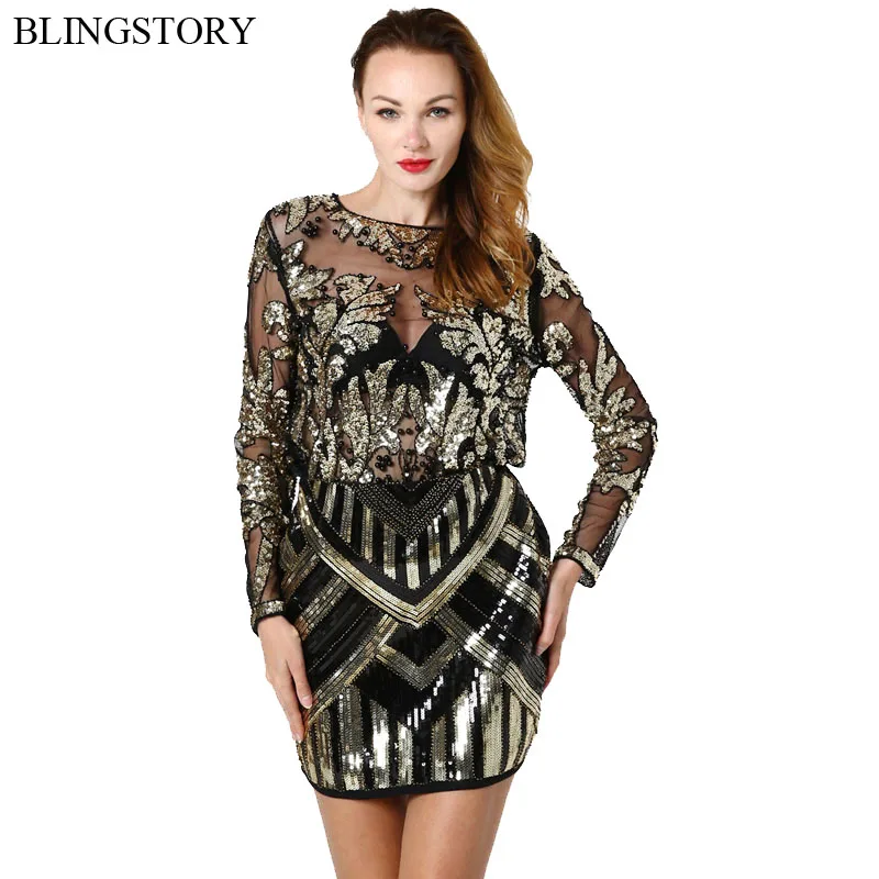 

BLINGSTORY Fashion Luxurious Woman Tshirt Top Night Club Heavy Nail Bead Perspective Long Sleeve Sequin Party T-shirt