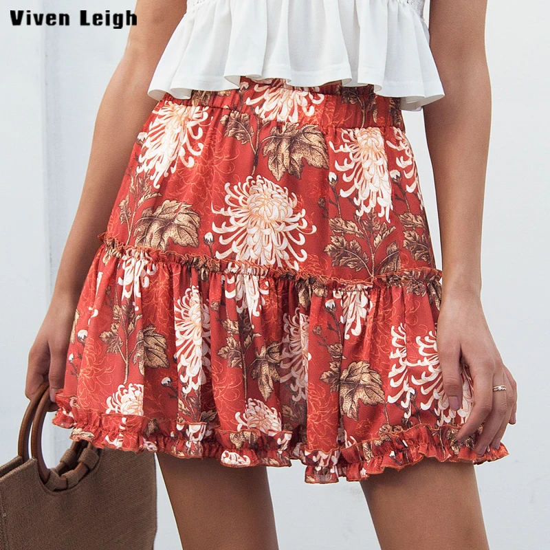 Viven Leigh Boho floral print Mini Skirt women A line casual beach 2018 ...