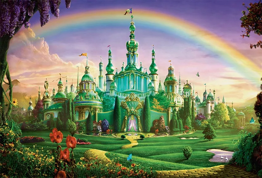 7x5FT Rainbow Sky Green Lantern Castle Palace Entrance Custom Photo