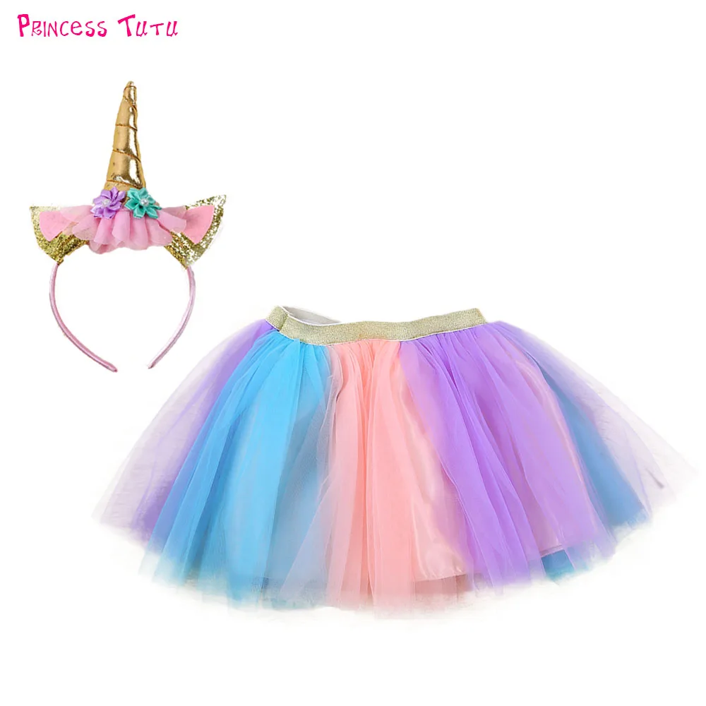 

Rainbow Unicorn Girl Tutu Skirt Knee Length Girl Pony Theme Birthday Party Skirts With Headband Children Unicorn Costume Set