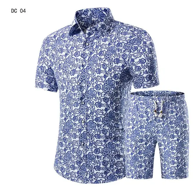 New Fashion Men Shirts+Shorts Set Summer Casual Printed Shirt Homme
