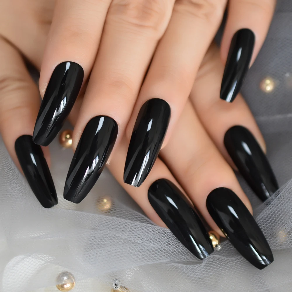 Экстра длинные ногти гроба черные блестящие поддельные ногти длинные ногти балерины для вечерние Полное покрытие искусственные наконечники с клеем, стикер - Цвет: L5210